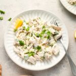 chicken salad on plate with fork.