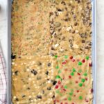 Sheet pan cookie dough in pan.